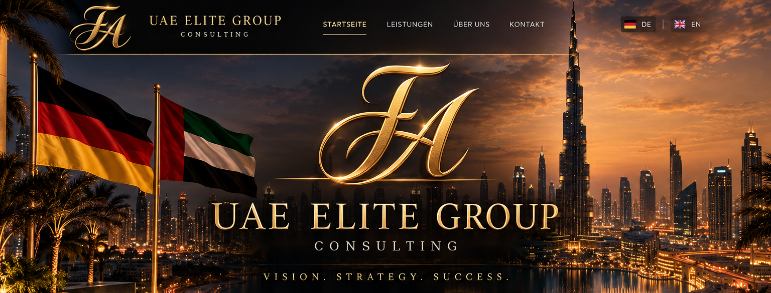 Elite UAE Group mit Deutschland- und UAE-Flagge vor der Dubai-Skyline mit Burj Khalifa